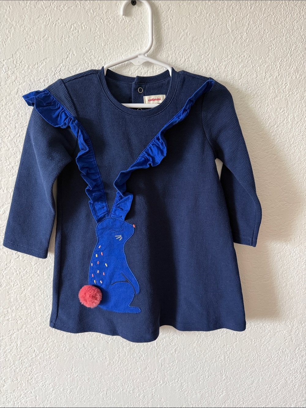 Catimini Navy Dress with Blue Bunny and Pink Pom Pom